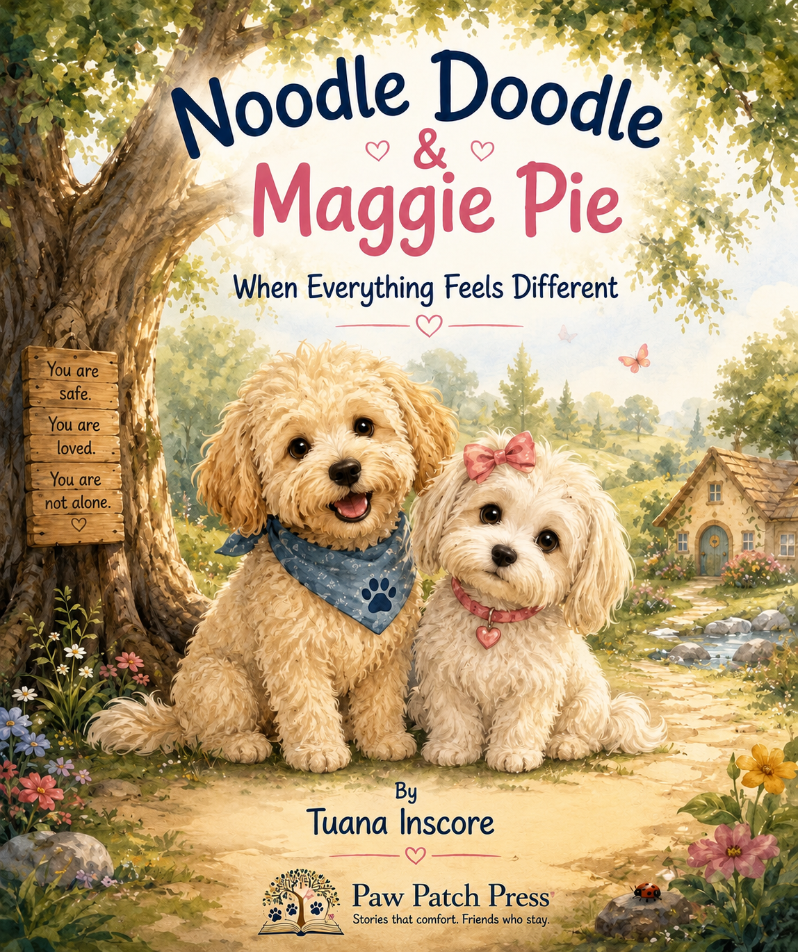 Noodle Doodle & Maggie Pie — When Everything Feels Different, cover artwork of two doodle dogs in a flower garden